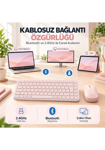Philips SPT6338BT Bluetooth ve 2.4GHz Kablosuz Türkçe Q 85 Tuşlu Klavye Mouse Seti