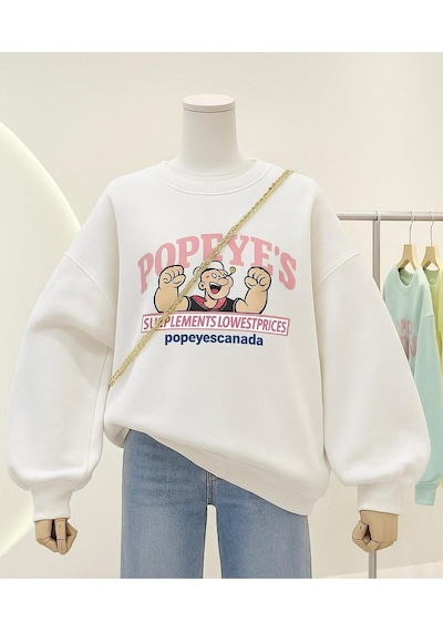 Benroma 3 İplik Penye Popeyes Baskılı Unisex Sweatshırt Beyaz