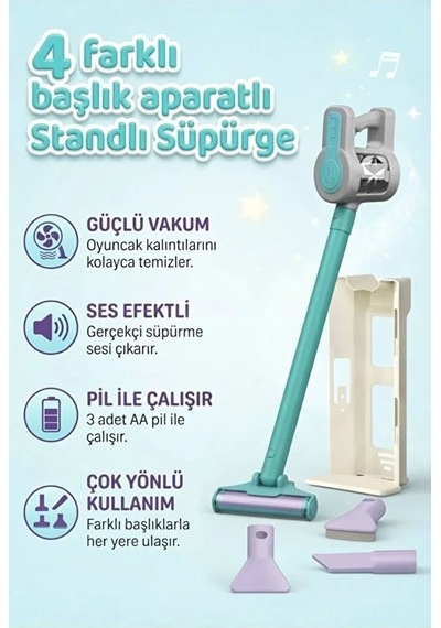 Pilli 4 Farklı Fonksiyonlu Stantlı Eğitici Oyuncak Dikey Süpürge