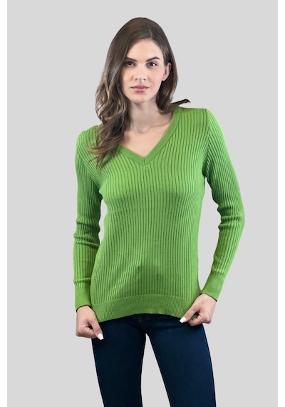Miss Poem Kadın V Yaka Slim Fit Fitilli Uzun Kışlık Ekru Triko Kazak Yeşil