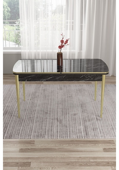 Canisa Concept Tia Serisi 80x132 Mdf Açılabilir Siyah Mermer Desen Gold Detay Masa Takımı Ve 6 Gri Sandalye Masa Siyah Mermer Desen Sandalye Gri