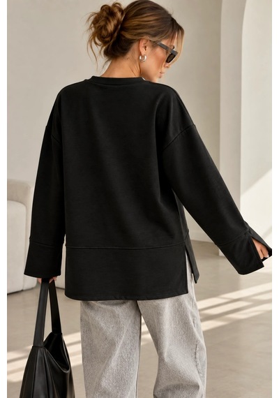 Bb Butik Basic Oversize Yırtmaç Detaylı Bisiklet Yaka Sweatshirt Zg3535 siyah