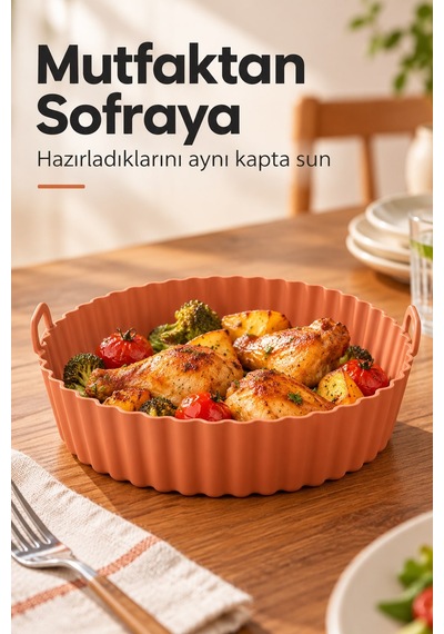 Silikon Airfryer Ve Fırın Pişirme Matı Yuvarlak 20 Cm İki Kulplu Karışık Renk