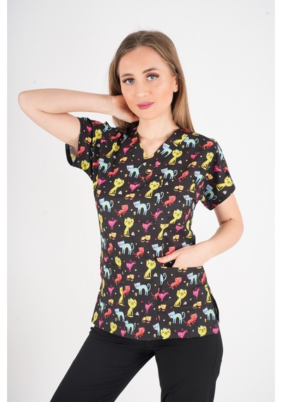 Unisex Cool Cats Club Desenli Doktor Hemşire Hastane Aşçı Mutfak Scrubs Tek Üst Üniforma Siyah