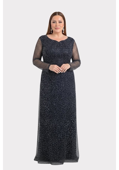 Lilas Xxl Kadın Büyük Beden Kalp Yaka Uzun Kollu Abiye Elbise 9471 Siyah Siyah