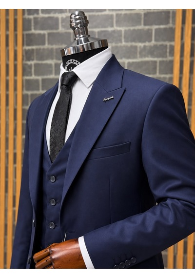 Dupont Classics Erkek Slim Fit 6 Drop Sivri Yaka Yelekli Poliviskon Çift Yırtmaç Takım Elbise Lacivert