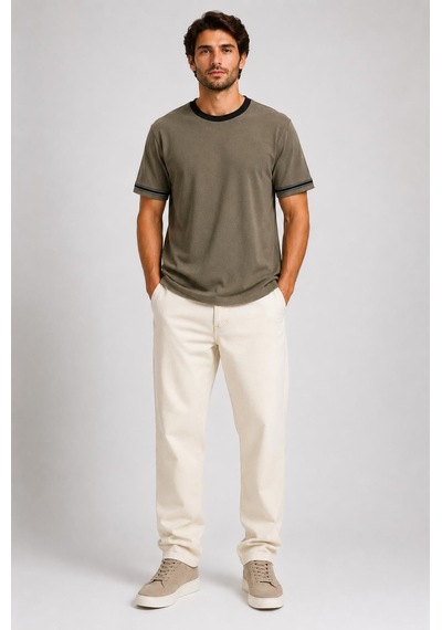 Alexandergardi Şerit Detaylı Kontrast Yaka Basic T-shirt Yeşil