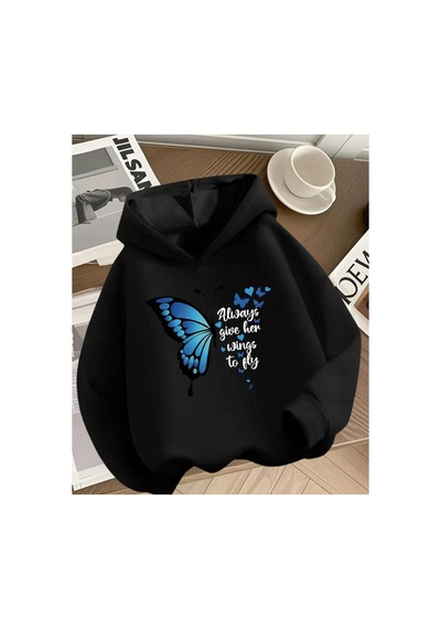 Herkesemoda Always Gıve Baskı Detaylı Kapüşonlu Sweatshırt Siyah