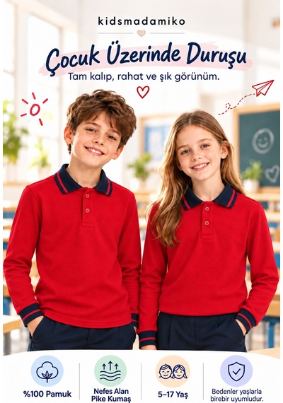 Kidsmadamiko Kız Çocuk Uzun Kollu Polo Yaka %100 Pamuk Pike Okul Tişörtü Kırmızı
