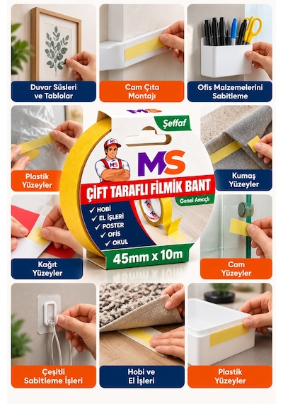 Çift Taraflı Filmik Şeffaf Bant 45 Mm X 10 Metre Yapışkanlı Hobi Bandı El Çok Amaçlı Bantları