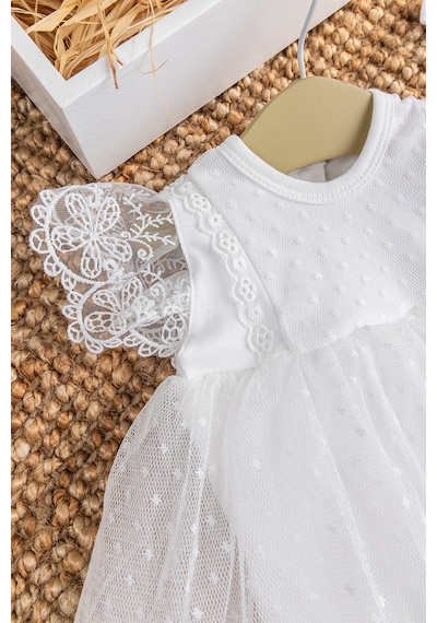 Babymod Tüllü Bandanalı %100 Pamuk Kız Bebek Şık Özel Gün Elbise Set Krem Krem