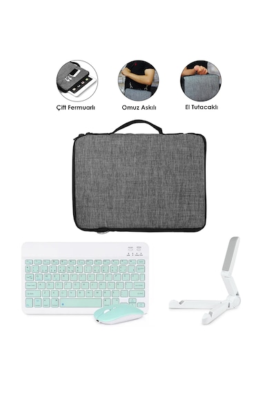 Microcase Tcl Tab 10l Gen 4 Tablet Uyumlu Gri Çanta + Türkçe Bluetooth Klavye +mouse + Standı - Yeşil Al5161 Omuz Çantası