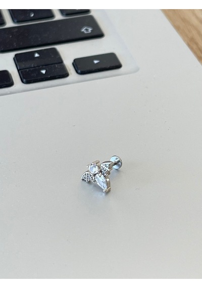 316 L Cerrahi Çelik Zirkon Taşlı Yarasa Modeli Dudak Helix Tragus Kıkırdak Piercingi Gümüş