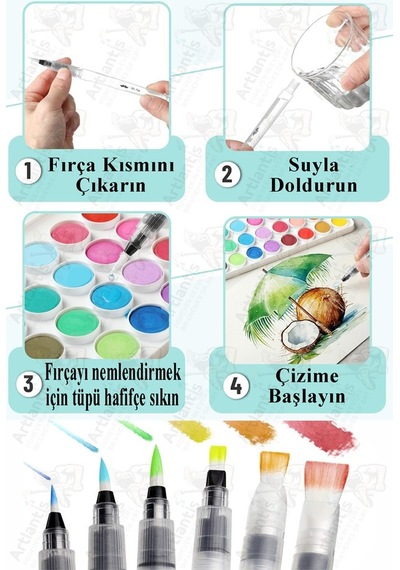 Su Hazneli Kalem Fırça 12 Li 1 Paket Suluboya Fırça Kalemi Kaligrafi Hat Fırçası Sulu Boya Su Hazneli Doldurulabilir