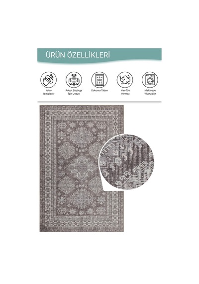 Artloop Stonart Eskitme Vintage Desenli Kahverengi Otantik Yıkanabilir Şönil Halı Al 449 Kahverengi 2