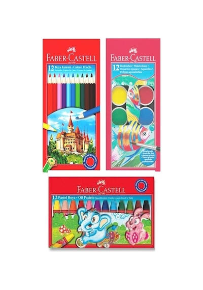 Faber Castell Kuru Boya 12 Li Tam Boy - Pastel Boya 12 Li - Sulu Boya 12 Li - 3 Lü Set 12renk