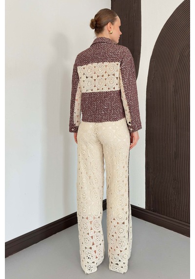 Verymoda Dantel Detatlı Kot Ceket F1758 Ham Kahve