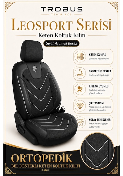 Renault Fluence 2010 Sonrası Uyumlu Leosport Serisi Siyah Beyaz Ortopedik Keten Koltuk Kılıfı