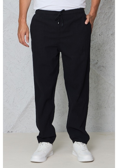 Blayn Jeans Erkek Haki Jogger Pantolon Beli Lastikli Bağcıklı %100 Pamuk Keten Baggy Rahat Günlük Pantolon siyah