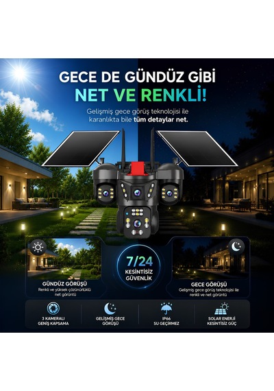 Onqam On-s4 Sim Kart Takılabilen 4 Kameralı Güvenlik Kamerası - Solar Güneş Panelli Renkli Gece Görüşü Ve Ip67 Aov Sürekli Kayıt