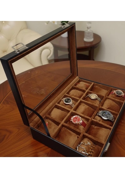 Lüks 15 Yuvalı Lüks Deri Cam Kapaklı Şık Tasarıma Sahip Saat Saklama Kutusu Ebat 34x24x8 Cm Taba