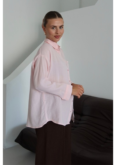 Balenbi Kadın Cepli Oversize Düz Renk Müslin Gömlek 1095 Pembe