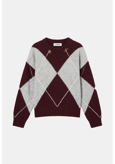 Kadın Bordo Gri W6-35 Oversize Baklava Desenli Aksesuar Detaylı Tasarım Triko Kazak