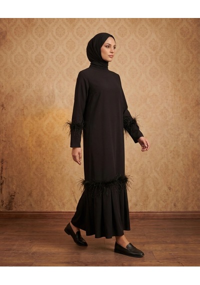 Nevayla Moda Tüy Detaylı Zarif Elbise / Siyah - E0133
