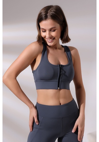 EMFURE Füme Fermuarlı Spor Büstiyer - Sports Bra / Crop Destekli Spor Sütyeni Füme