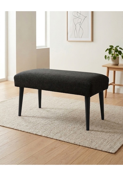 Koyu Gri Keten Kumaş Bench Puf 90x45x46 Cm Ahşap Siyah Ayaklı Demonte Modern Yatak Ucu Bench Oturma Bankı Antre Koridor Pufu