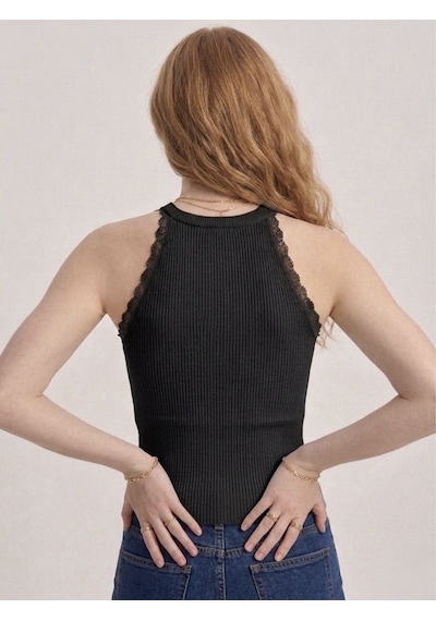 Neden Tekstil Kadın Dantel Detaylı Halter Yaka Fitilli Triko Bluz - Siyah
