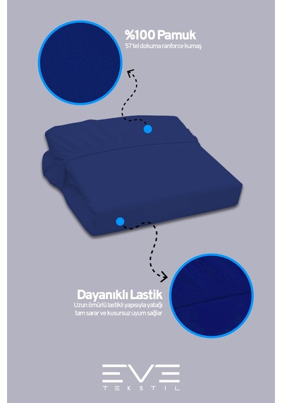 Eve Tekstil Pamuklu Çift Kişilik Rainforce Kumaş Lastikli Çarşaf Ve Yastık Kılıfı Set Lacivert
