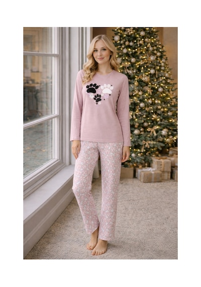 Rindahomewear Kadın Pati Baskılı Süprem Pijama Takımı Gül Kurusu
