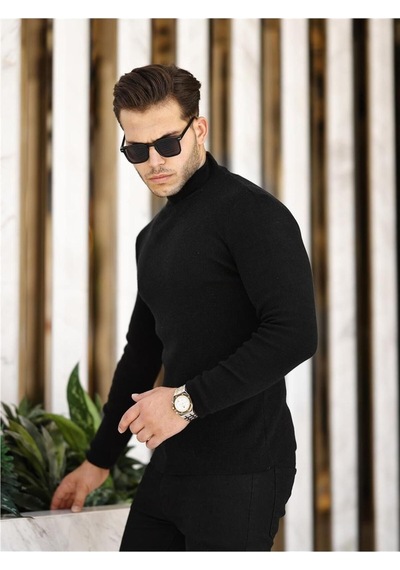 Siyah Erkek Slim Fit Yarım Balıkçı Fitilli Triko Kazak-trz19158r01s Siyah