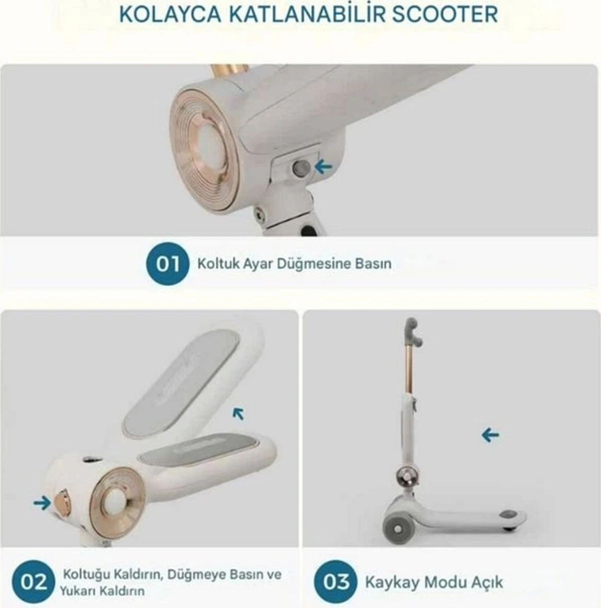 Led Işık 3 Tekerlekli Yükseklik Ayarlı Oturaklı Çocuk Scooter Beyaz Beyaz