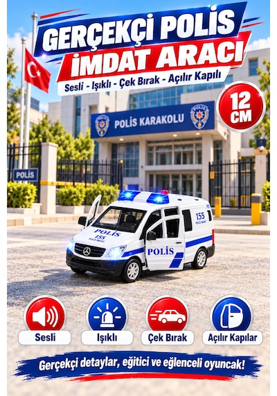 Oyuncak Metal Işıklı Sesli Çek Bırak Özellikli Ön Ve Arka Kapılar Açılır Ambulans-polis-itfaiye-askeri Jandarma Minibüsü 12 Cm Mavi