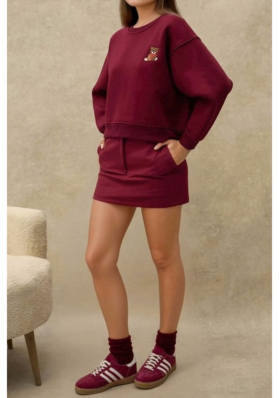 Hiccup İşlemeli Rahat Kesim Pamuklu Sweatshirt Bordo Kırmızı