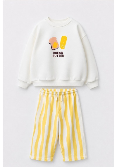 Monila Unisex Çocuk Baskılı Ekru Sweatshirt Ve Sarı Çizgili Eşofman Alt Üst Takım