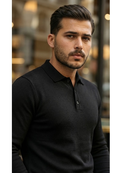 Suma Erkek Düğme Yakalı Triko - Siyah, 2xl Beden