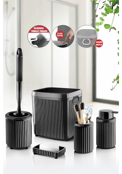 Decorev 5 Parça Siyah Click Kapaklı Silikon Fırçalı Taşıma Kulplu Banyo Seti 5 Litre Beyaz