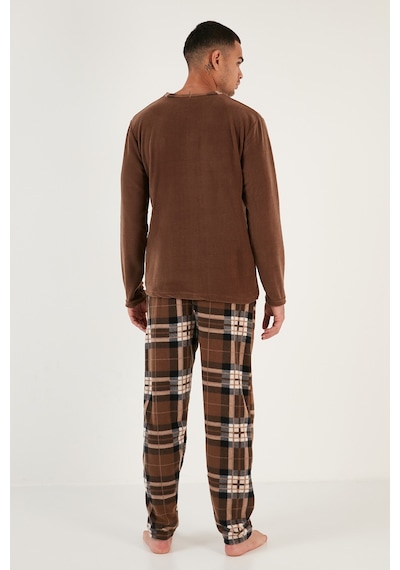 Buratti Ekoseli Regular Fit Düğmeli Bisiklet Yaka Kışlık Polar Erkek Pijama Takımı 60961002 Camel