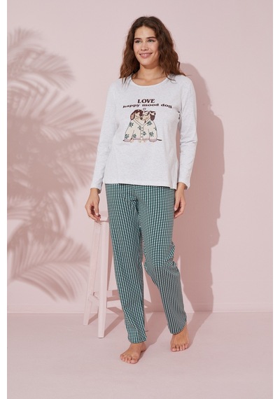 Siyah İnci Pamuklu Örme Pijama Takım 24240149 Bej Melanj