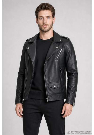 Freemen Erkek Fermuarlı Cep Detaylı Slim Fit Suni Deri Ceket-416 Siyah