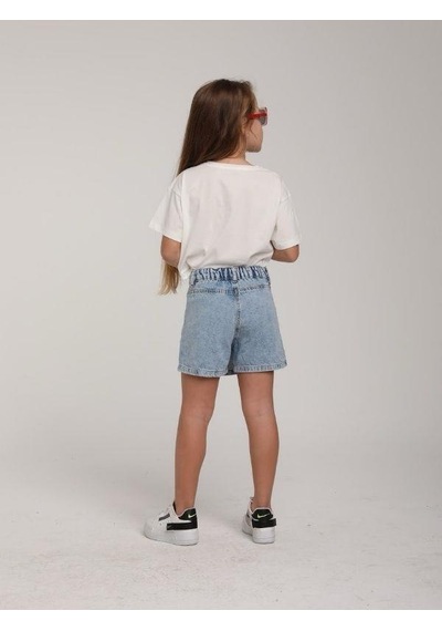 Escabel Kız Çocuk Pamuklu Yuvarlak Yaka Yarım Kol Simli T-shirt-15662 Beyaz