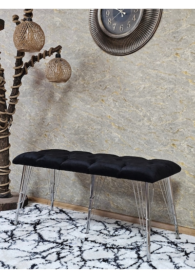 Zafir Metal Krom Tel Ayaklı 100 Cm Puf Bench - Puf - Bench - Oturak - Mutfak Oturağı - Antre Oturağı Siyah