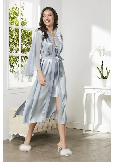Pierre Cardin Saten Dantelli Gecelik Ve Sabahlık Takımı 4375 Mist 001