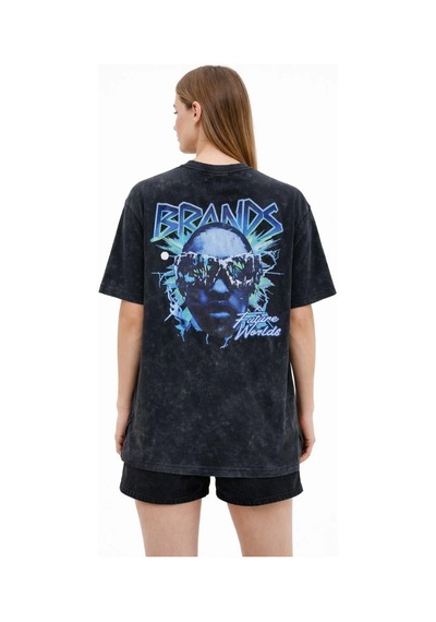 Kadın Asit Yıkamalı Oversize Tişört Bisiklet Yaka Kısa Kol T-shirt - Siyah