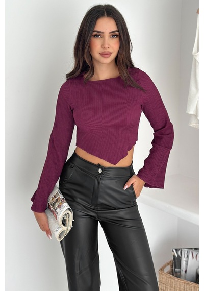 Noa & Noa İspanyol Kol Ribanalı Sivri Etek Uçlu Crop Bluz Modern & Vücuda Oturan Stil Bordo