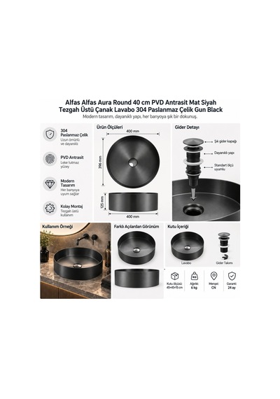 Alfas Aura Round 40 Cm Pvd Antrasit Mat Siyah Tezgah Üstü Çanak Lavabo 304 Paslanmaz Çelik Gun Black