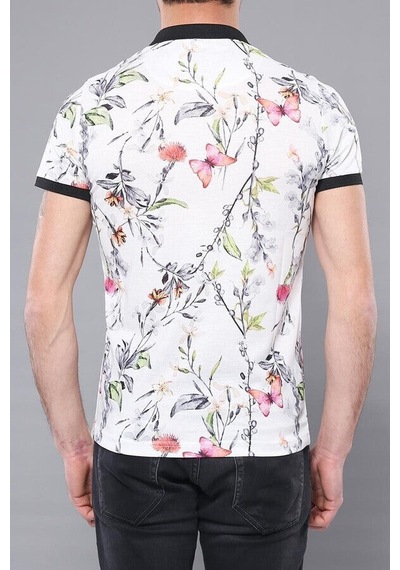 Yake Store Polo Yaka Çiçek Desenli T-shirt - Wessi - Sarı Beyaz